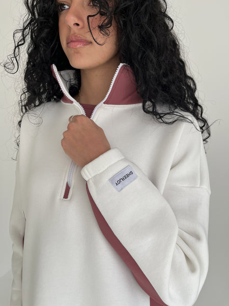 Half Zip White/ Desert Rose Details Sweatshirt